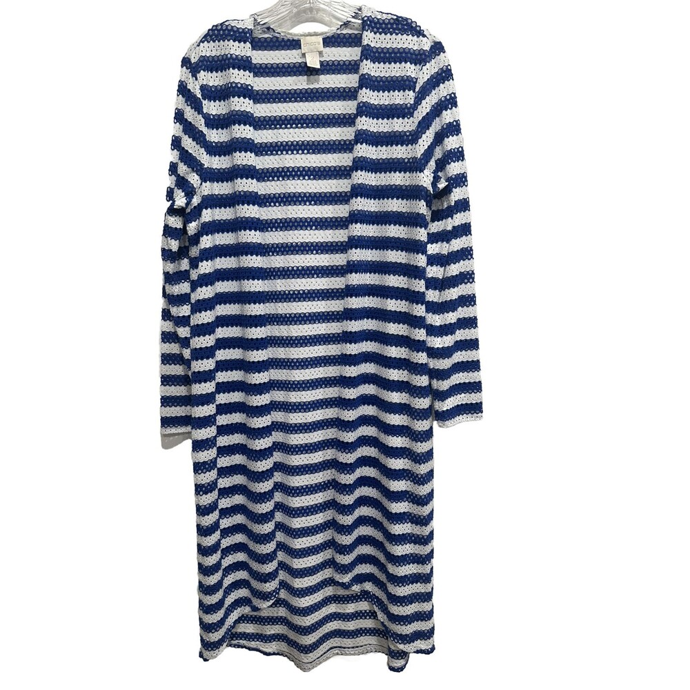 Chico's Large Duster Sweater Blue Eyelet Resort Beach Cover Stretch Coastal